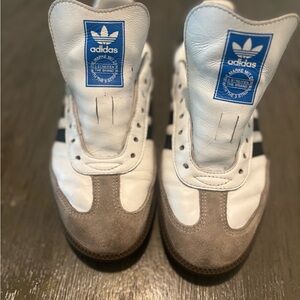 Adidas White and Tan Sneakers with Blue Logo